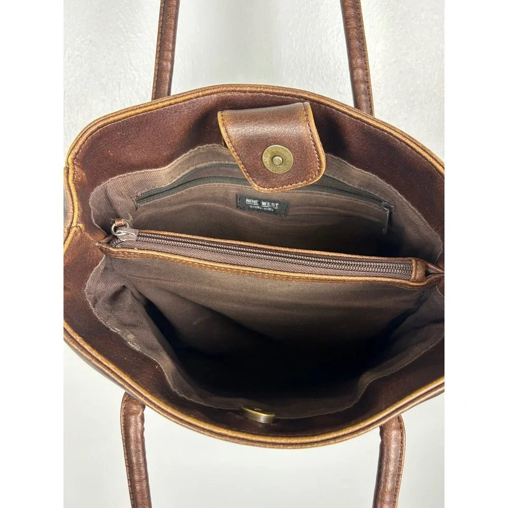 Nine West Brown Faux Leather Shoulder Bag Tote Purse 90s Y2K Neutral Fall Earthy